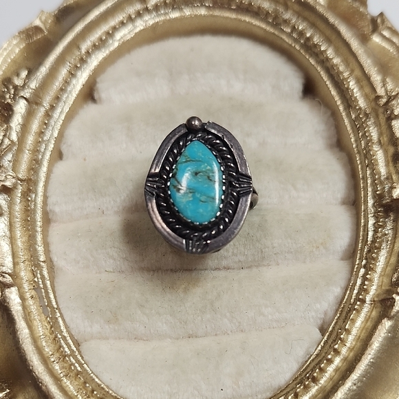 Old Pawn Navajo Bead Rope Sterling Silver Turquoise Ring Size 4.25